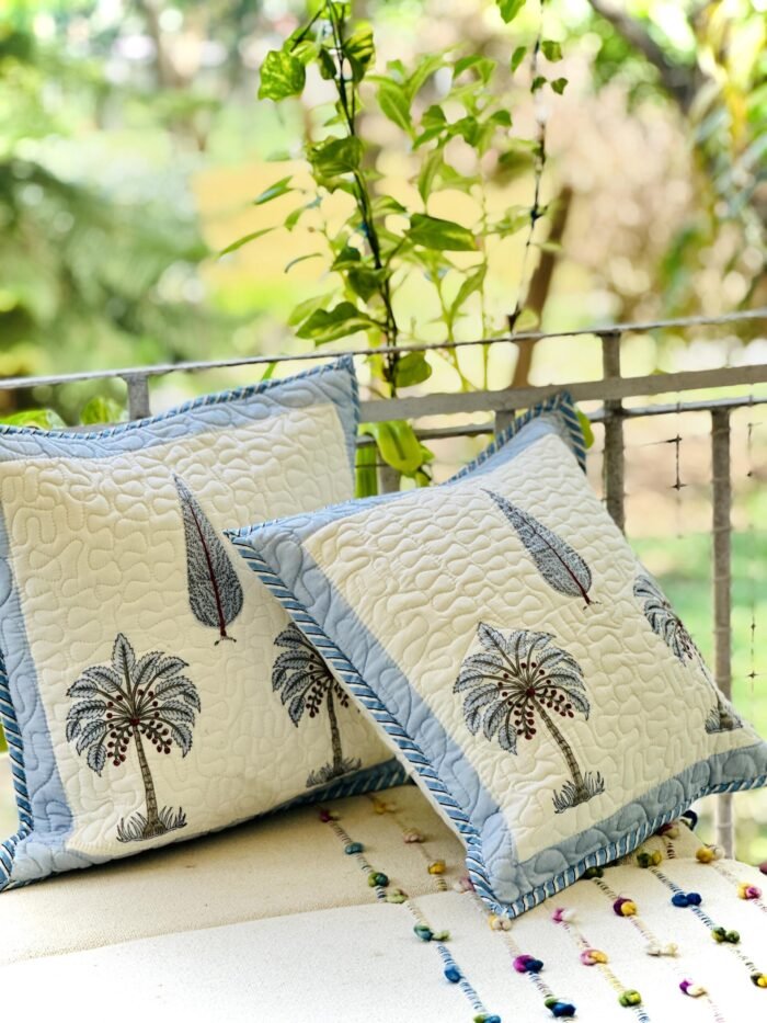 Blue Palm Handblock Quilted Cushion Cover -