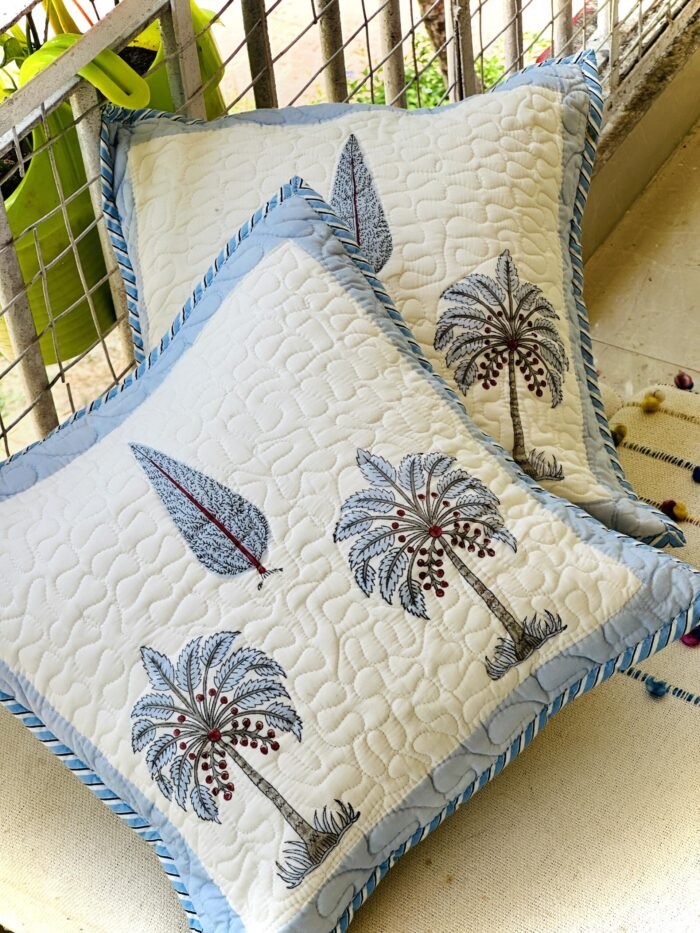 Blue Palm Handblock Quilted Cushion Cover -