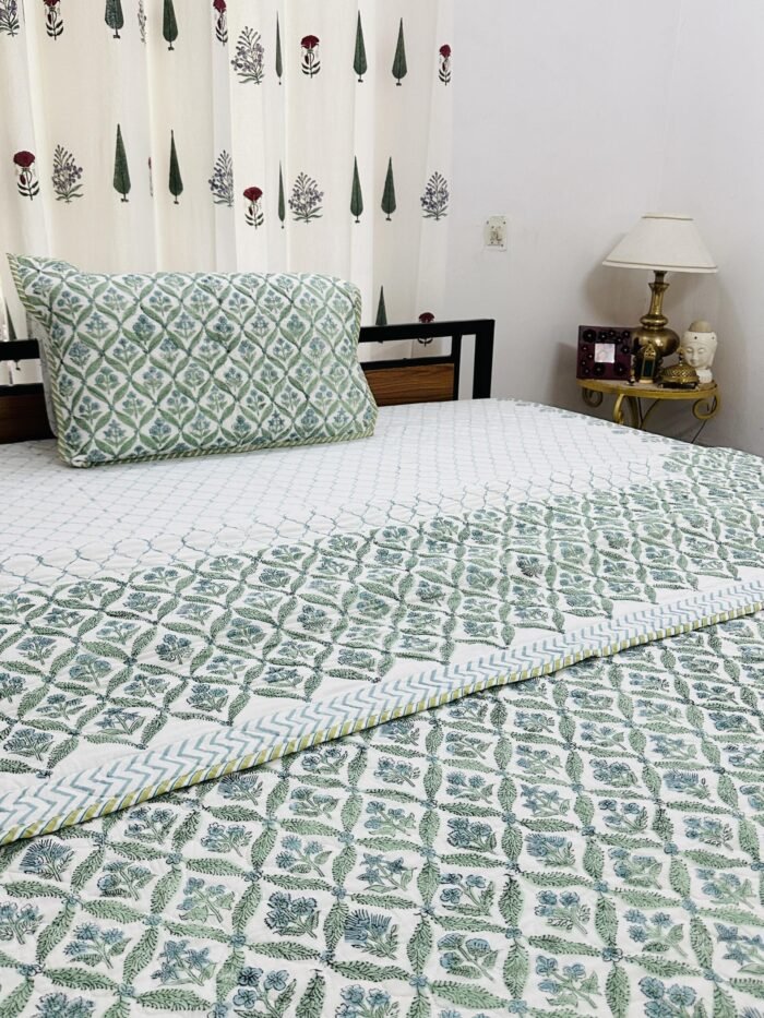 Green Blessings Handblock Printed Quilted Reversible Bedcover -