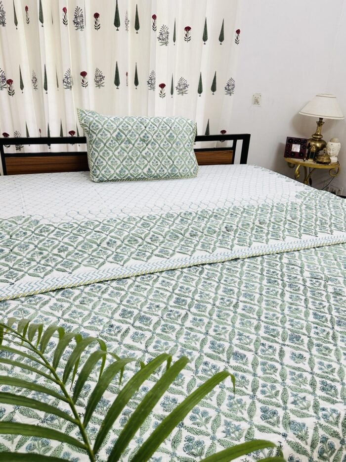 Green Blessings Handblock Printed Quilted Reversible Bedcover -