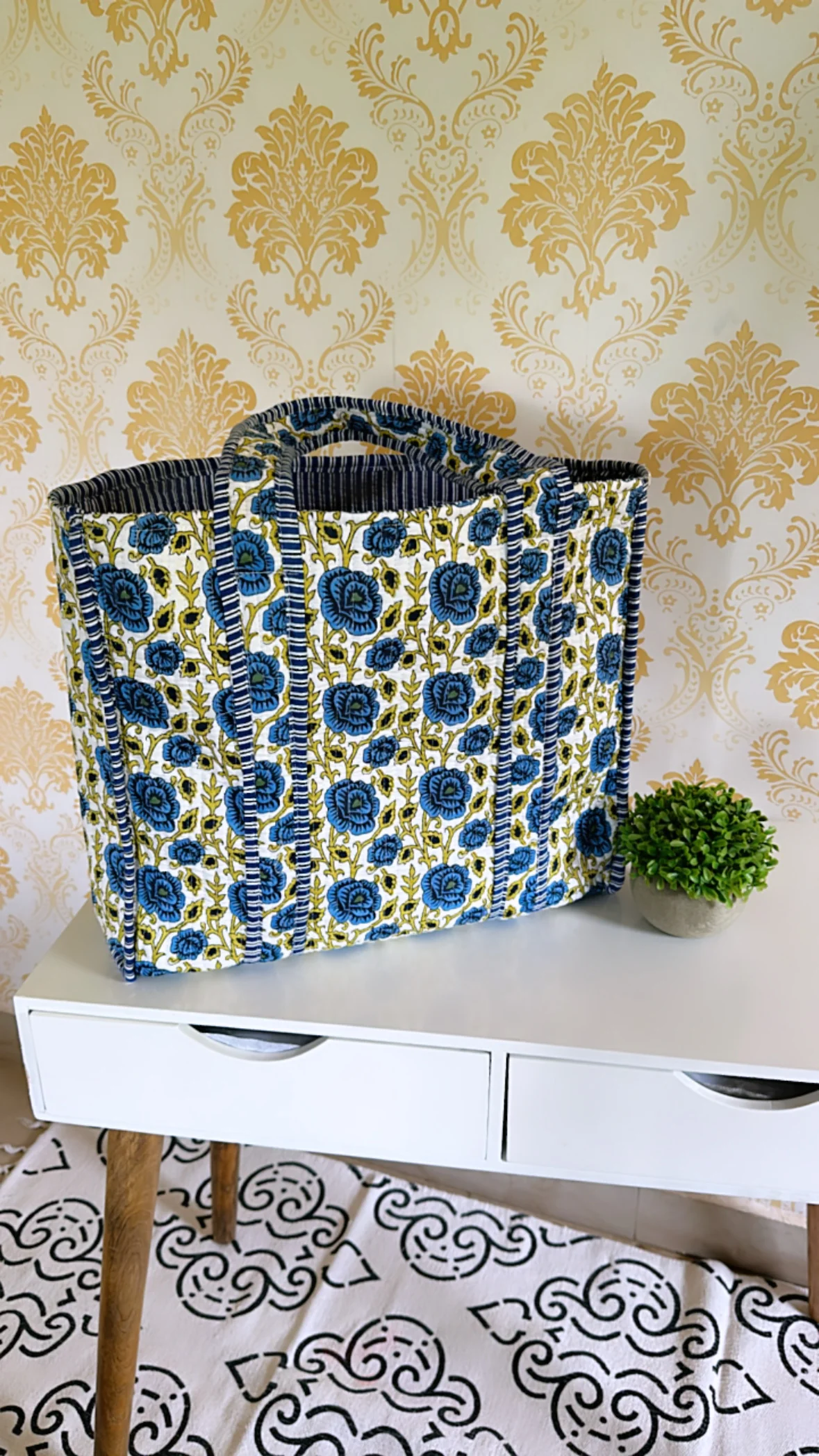 midnight-floral-block-print-quilted-tote-bag Midnight Floral Block Print Quilted Tote Bag -