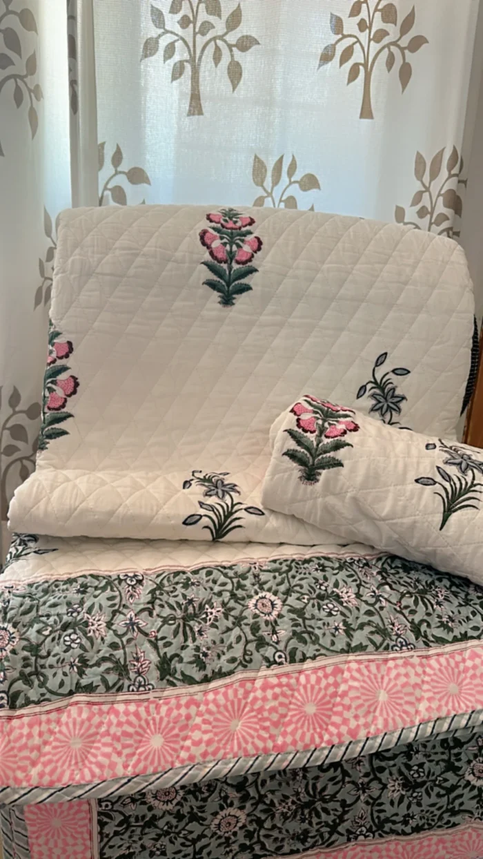 Pink City Handblock Printed Quilted Reversible Bedcover -