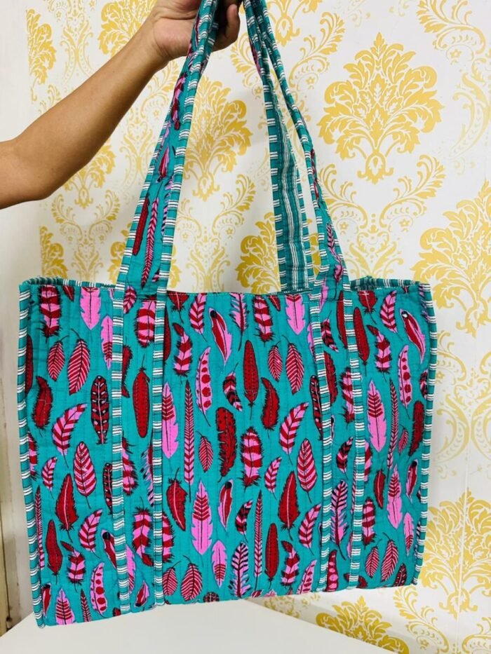 Block print quilted tote bags with zip -