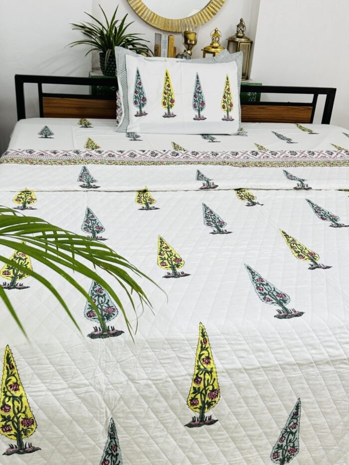 Colorful Pines Handblock Printed Quilted Reversible Bedcover -