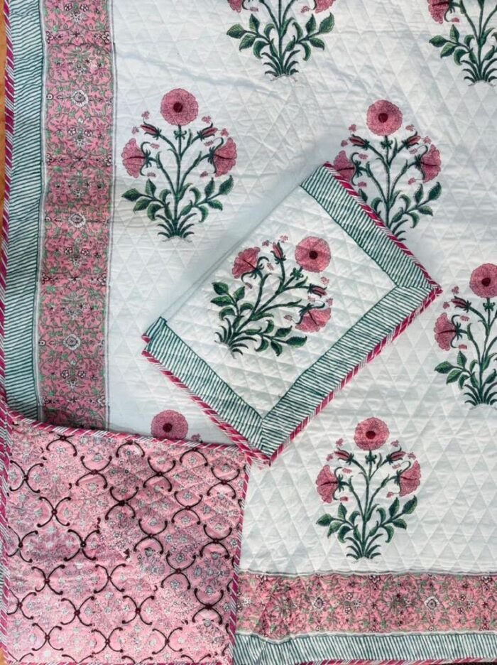 Pink Poppy Handblock Printed Quilted Reversible Bedcover -